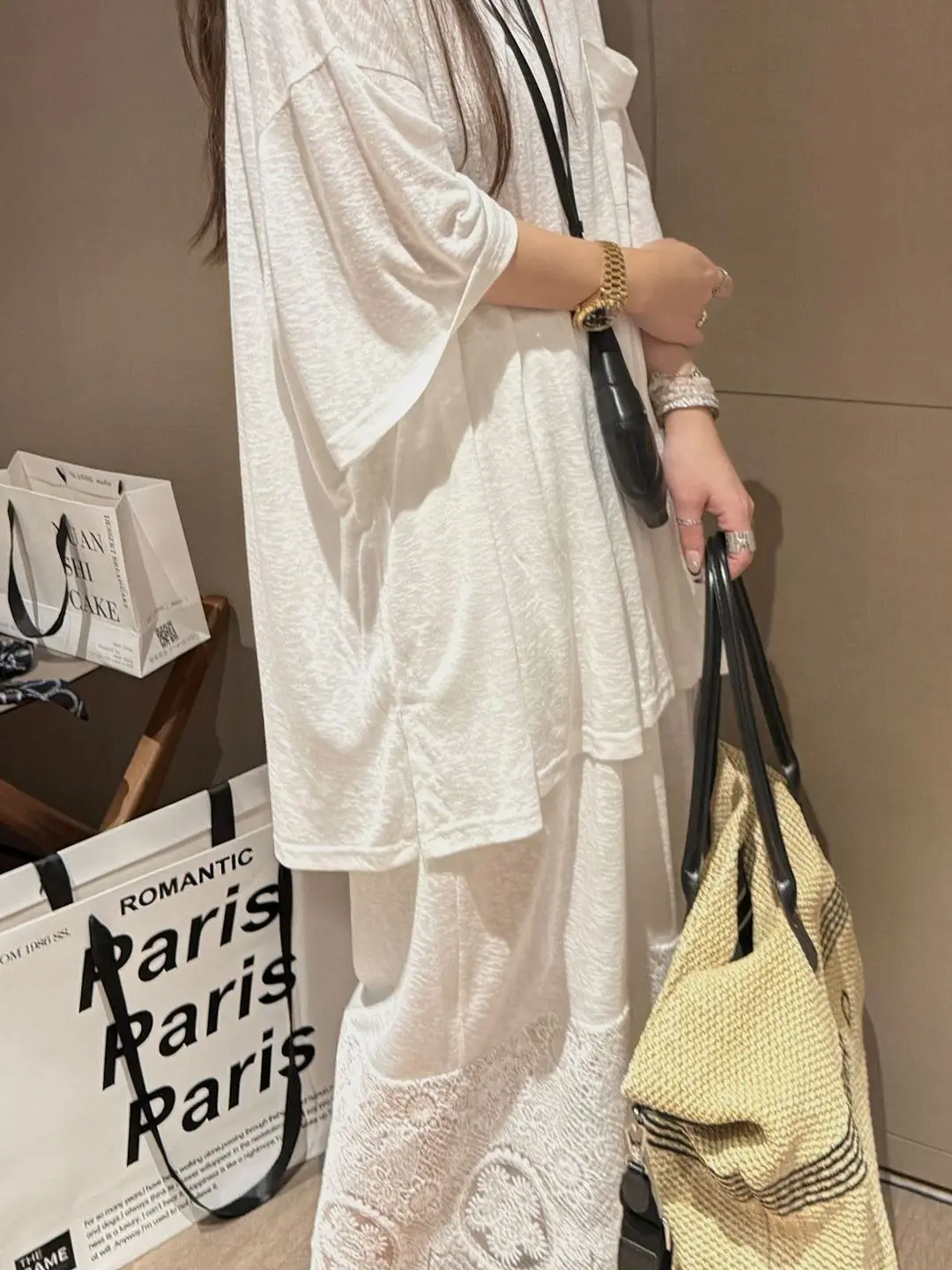 

plus Size Summer Casual Lace Splice Wide Leg Pants T-Shirt Two-Piece Set Women High Waist Hollow out round Neck Polyester Fiber