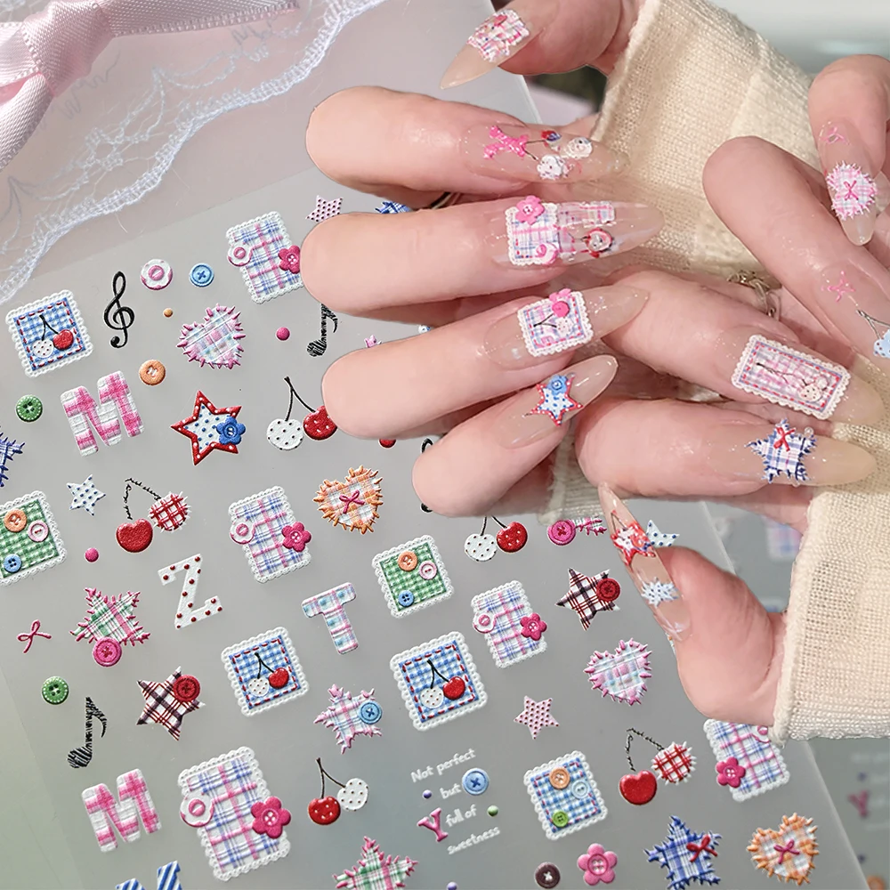 1Pcs Y2k Fabric Button Plaid Cloth Patch Nail Sticker 5D Embossed Star Heart Cherry Self Adhesive Nail Decal DIY Manicure Slider
