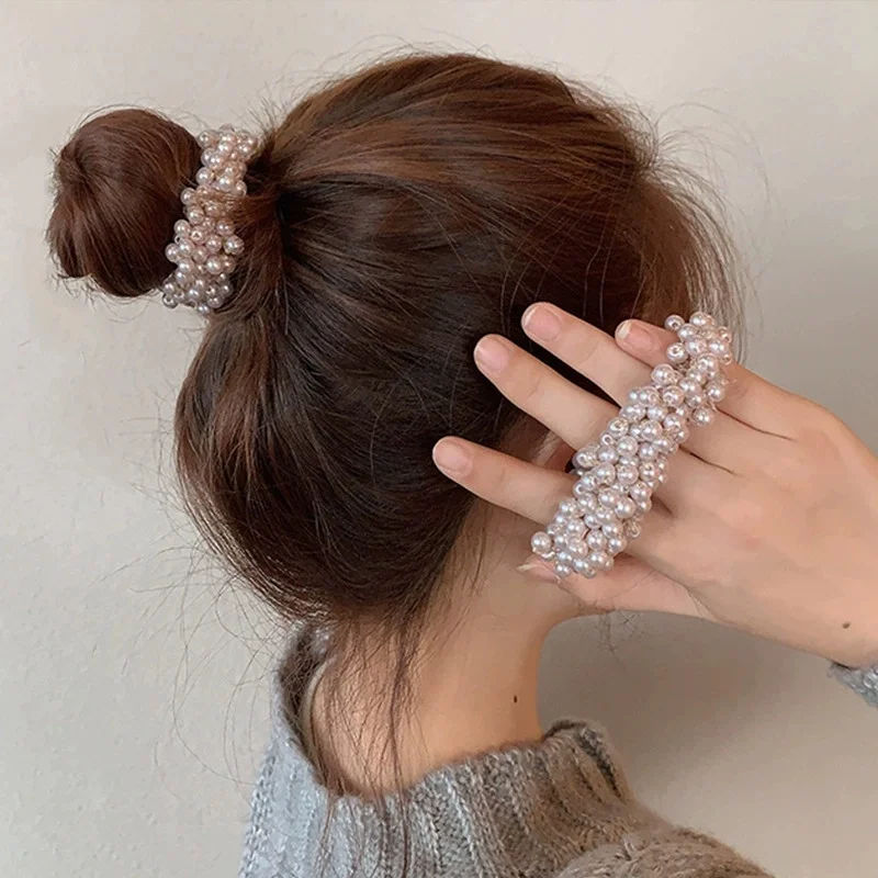 Damen Süße Perlen-Haargummis Mädchen Schleifen-Haarbänder Elastische Haarbänder Scrunchies Gummi-Haarbänder Pferdeschwanzhalter Haaraccessoires – Detail 2