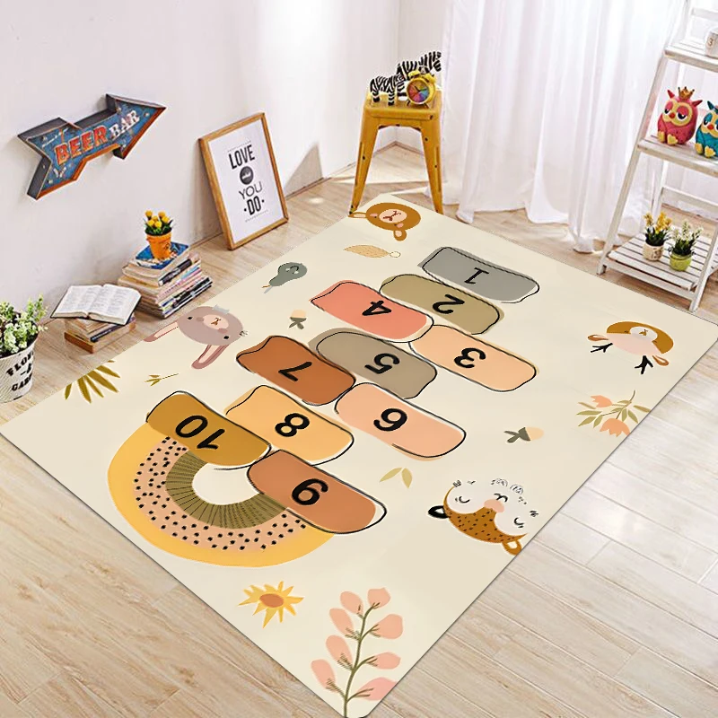 Cute Cartoon Animal Hopscotch Play Rug Educational Game Floor Mat Non-Slip Washable Carpet for Nursery Bedroom