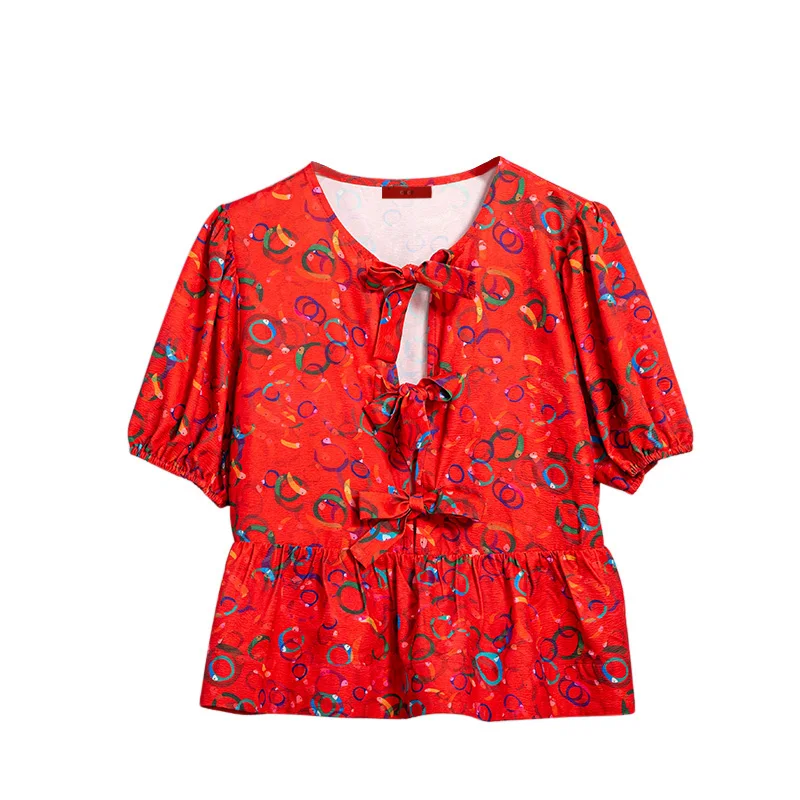 CHCH 2024 Summer Lace Up Flower Print Women‘s Shirt Hollow Out Bow Short Puff Sleeve V-neck Female Shirt Casual Lady Outwear