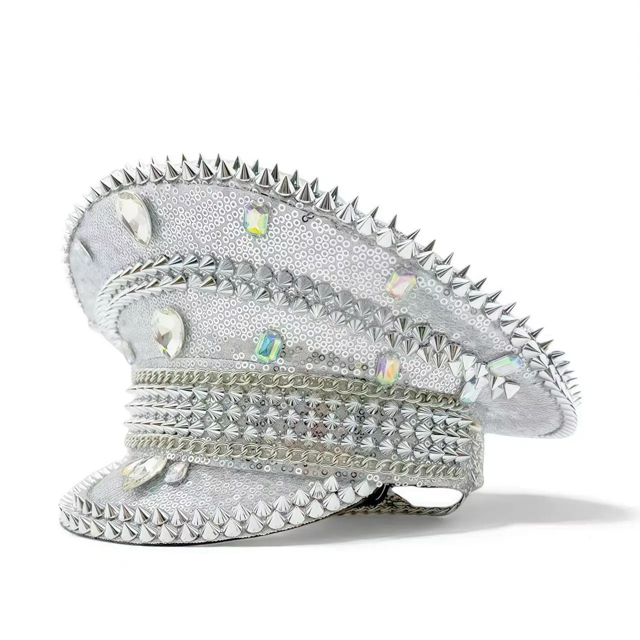 

Steampunk Captain Hat Rhinestone for Music Festival, Halloween, Disco, Burning Man, Vintage Military Cap for Men & Women