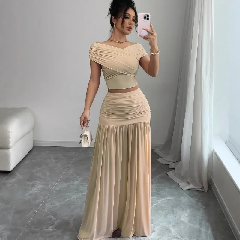 

Women Solid 2 Piece Set Party Dress Suits Cross Off Shoulder Slim Crop Tops + Pleated Mesh Patchwork Ruched Bodycon Long Skirt