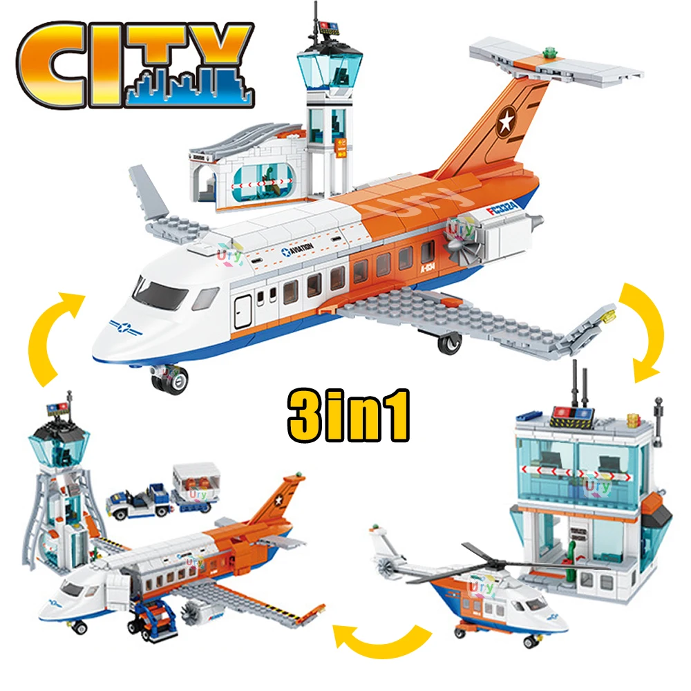 3in1 City Series Aviation Cargo Plane Helicopter Airport Airbus Airplane Control Tower DIY Building Blocks Toy Set Kids Boy Gift