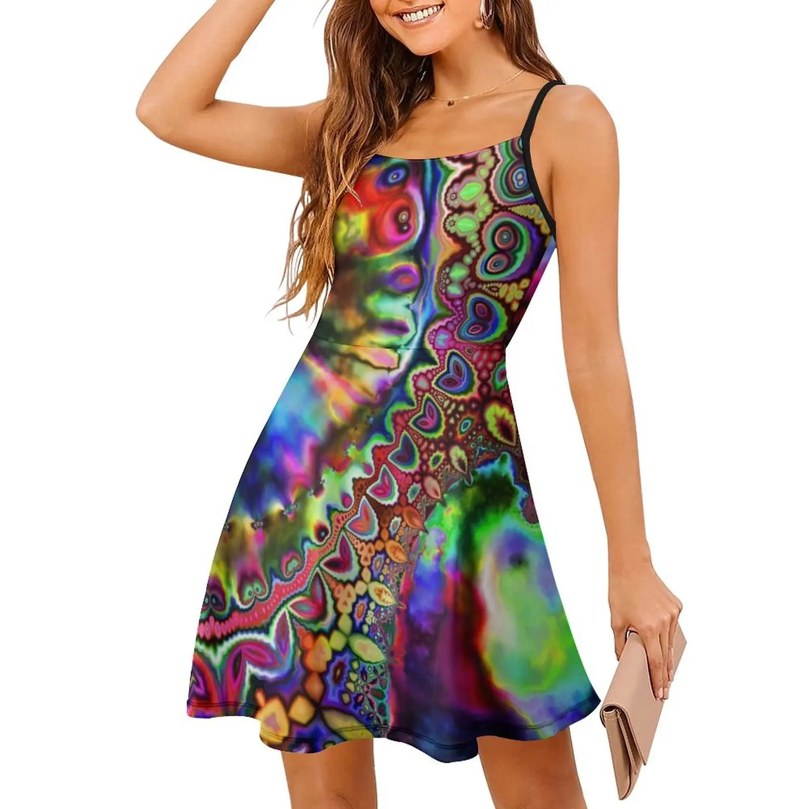 Sukienka w stylu koreańskim dla kobiet, elegancka sukienka codzienna na imprezę lub do noszenia na co dzień, tęczowy fraktal, psychodeliczna, trippy.