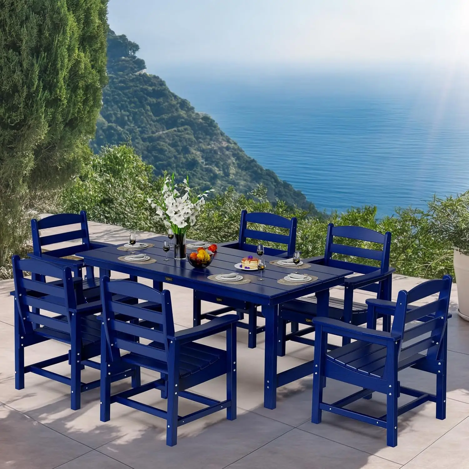 

7-Piece Outdoor Patio Dining Set, HDPE All-Weather Rectangular Table with Umbrella Hole & 6 Patio Dining Chairs, Durable Patio