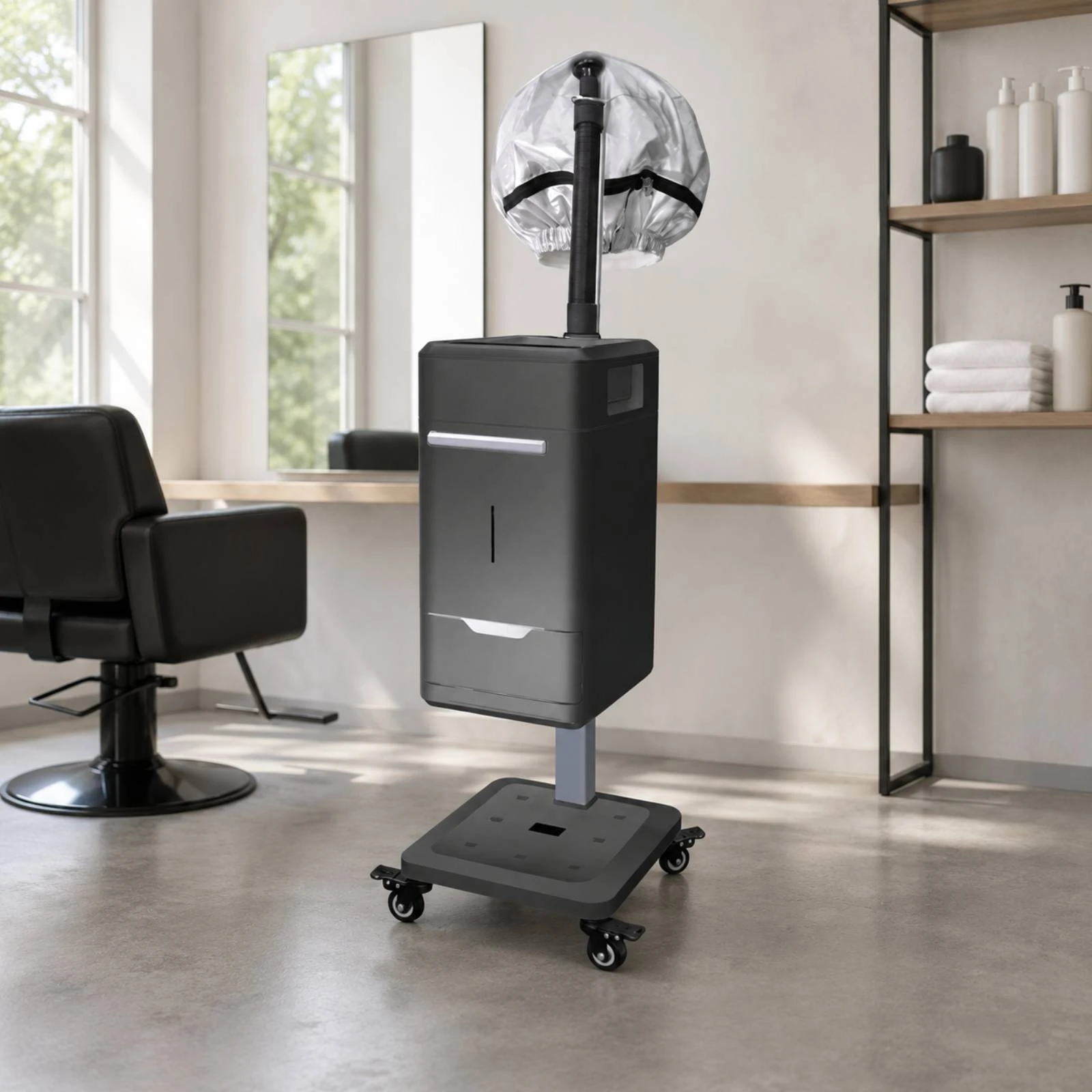

Silver-Toned Caster Wheels Floor-Standing Hair Steamer Hooded Hair Steamer Beauty Equipment Vertical Window