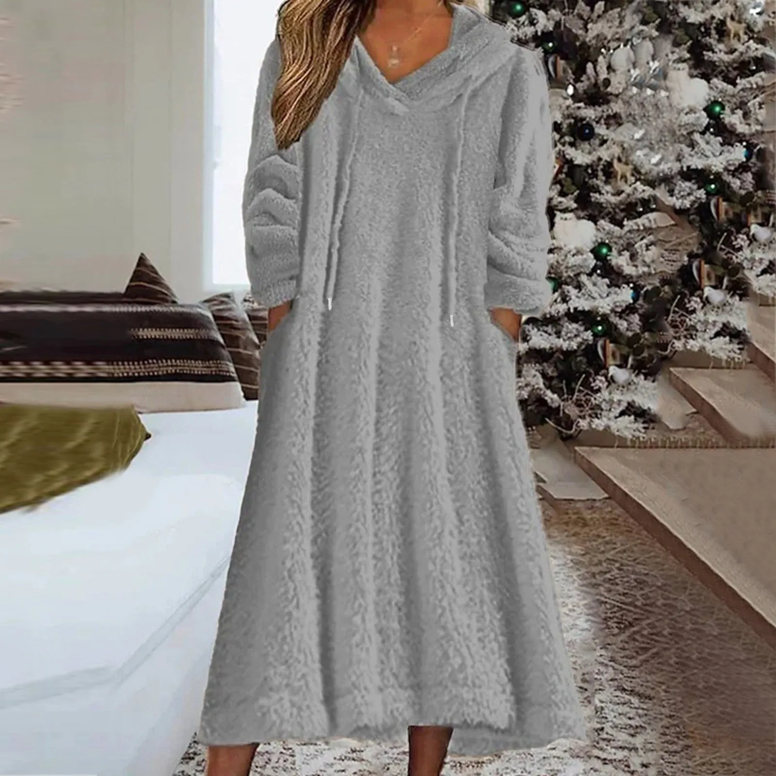 

Women Fleece Sweatshirt Dress Winter White Dress Midi Dress White Long Sleeve Pure Color Pocket Winter Fall Hooded Home Dress