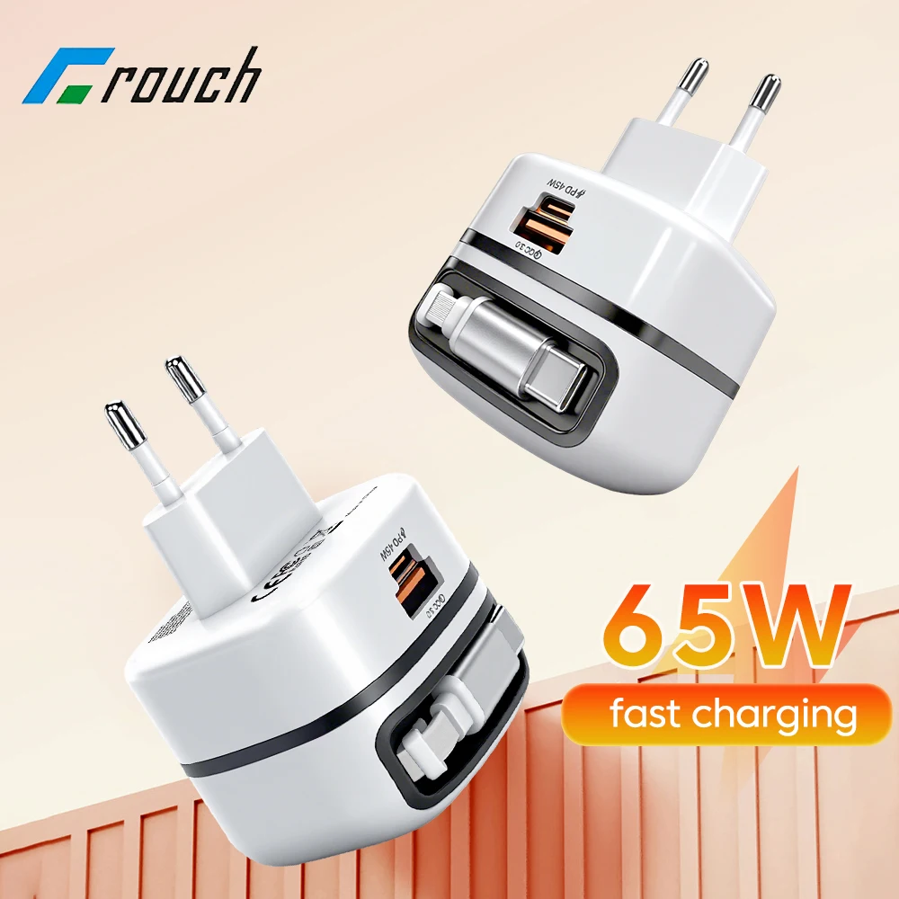 

Зарядное устройство USB C мощностью 65 Вт с телескопическим кабелем, вилка стандарта ЕС, Великобритании, зарядное устройство для быстрой зарядки, универсальное дорожное зарядное устройство для телефона для iPhone 15 16 ipad