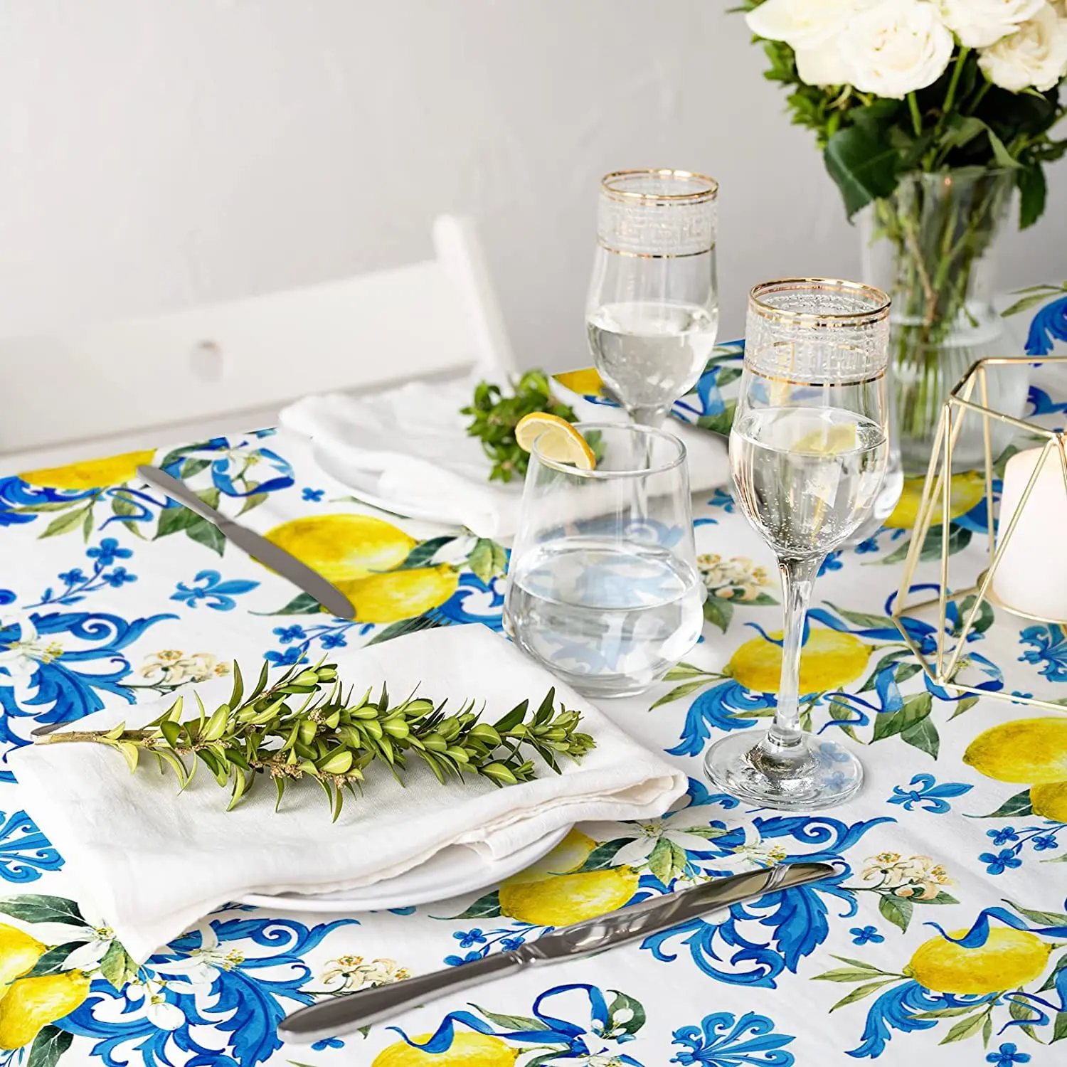 Summer Lemon Flower Rectangular Tablecloth Holiday Party Decoration Waterproof Fabric Table Cover for Kitchen Dining Table Decor