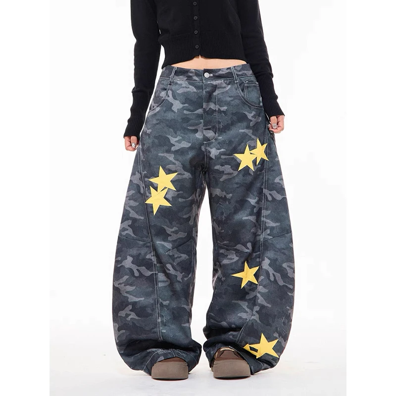 

YIBASHU Women American Vintage Baggy Camouflage Jean Japanese Abi Y2K Streetwear Harajuku Wide Leg Denim Pants Grunge Cyber Punk
