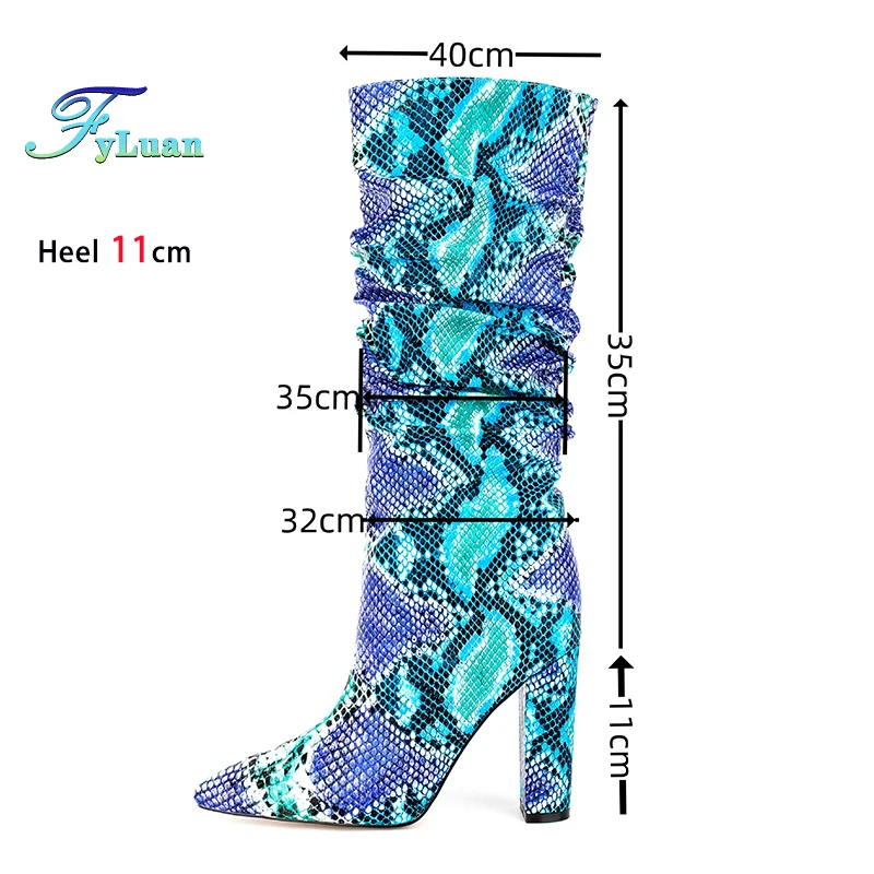 

Brand Snake Print Mid-calf Boots For Women 12CM Thick High Heel Sexy Pointed Spring Autumn Long Boots Pleated Fetish Shoes 47