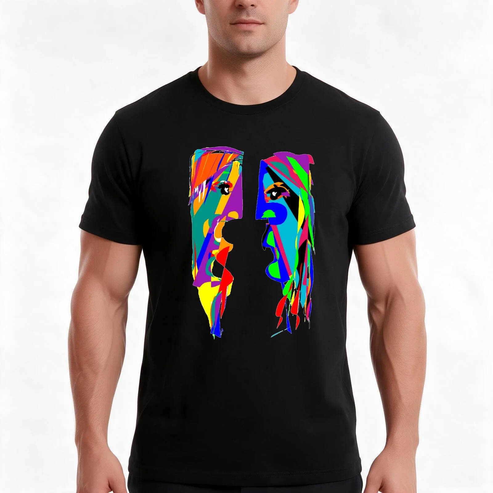 visage de face abstrait T-Shirt, Summer Casual Cotton Tee, Oversized Streetwear Tops, Vintage Graphic Print, Unisex Men Women