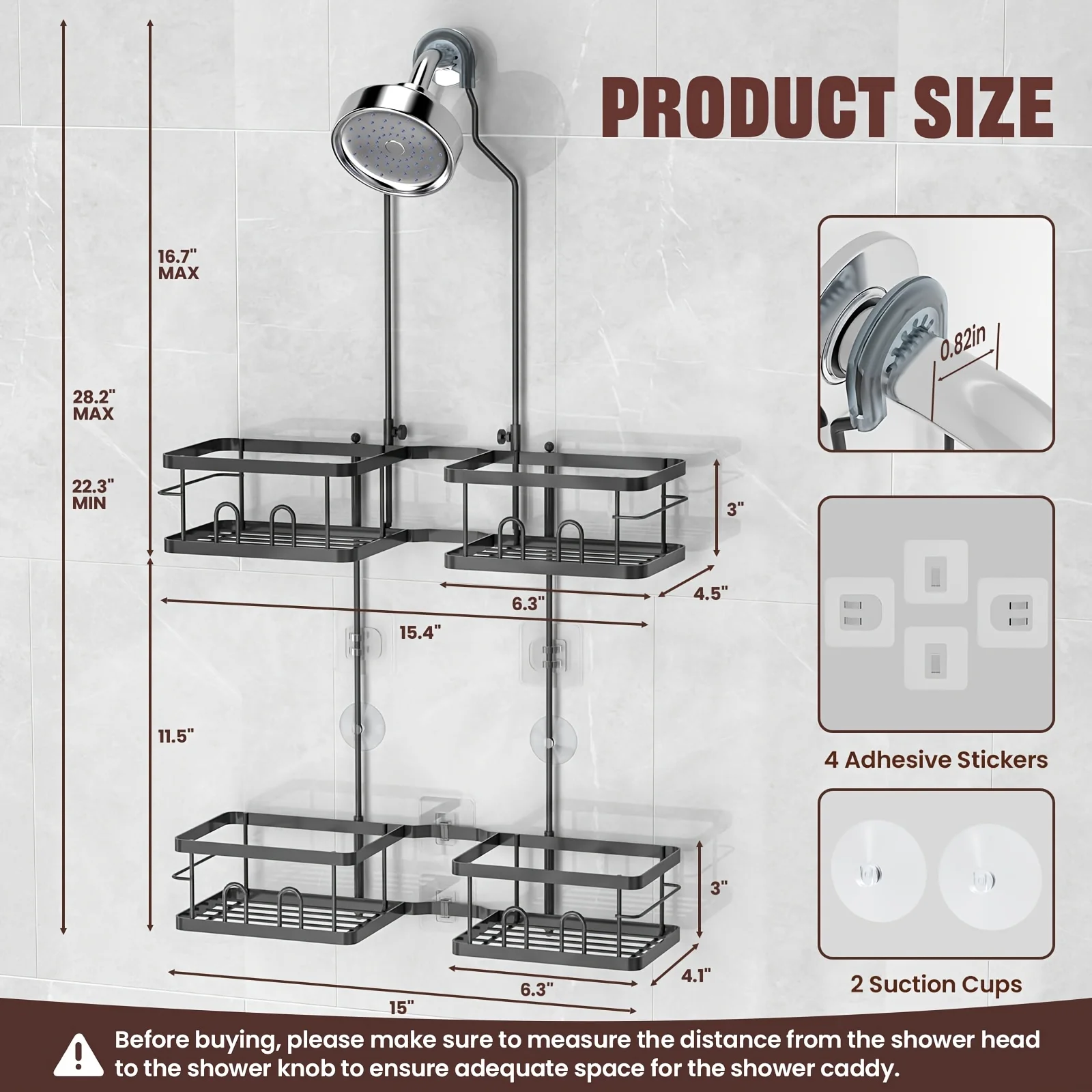 Adjustable Shower Caddy Hanging for Handheld Showerheads, Black | Patented Shower Organizer, Rustproof, Anti-Swing, Tool-Free, Suction Cups, 8 Hooks, Soap & Toothbrush Holder