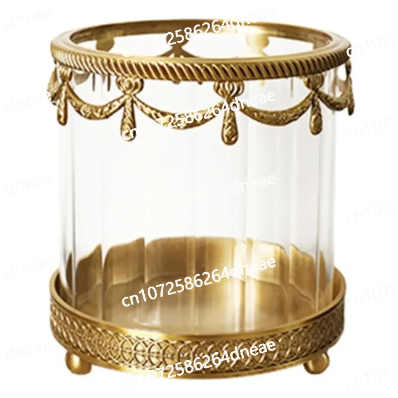 Brass glass round cosmetic cup simple engraved pen dresser surface light luxury storage bucket