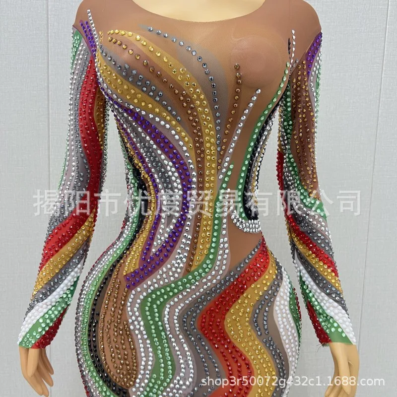 Multi-color Perspective Glam Design Sense Rhinestone Dress Birthday Party Night Skirt Performance Clothes Colorful Rain Vestidos