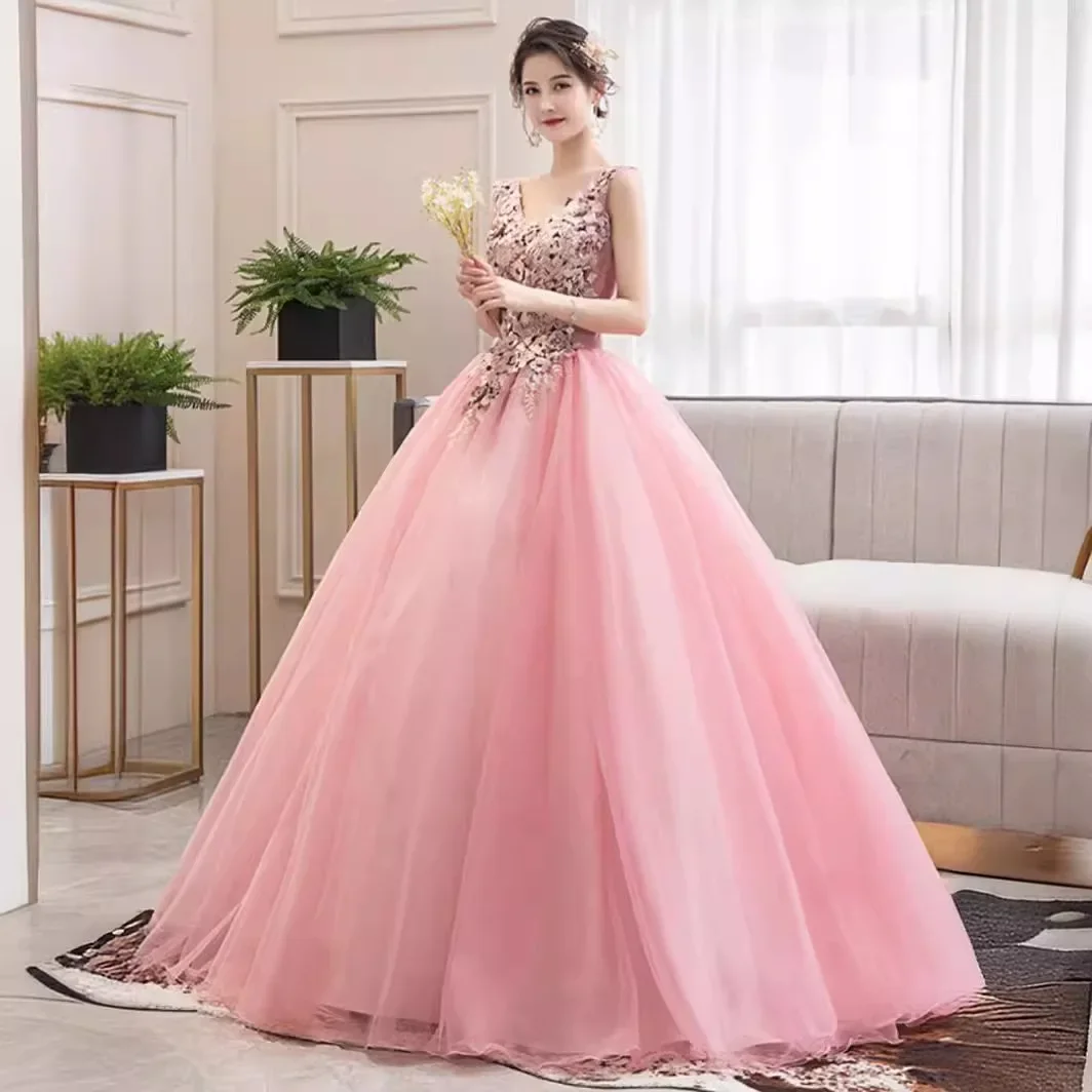 Gaun Prom Leher V Applique Renda 3D Gaun Pesta Gaun Pesta Malam Formal Murah Merah Muda Vestidos De 15 Quinceañera Robes De Soirée