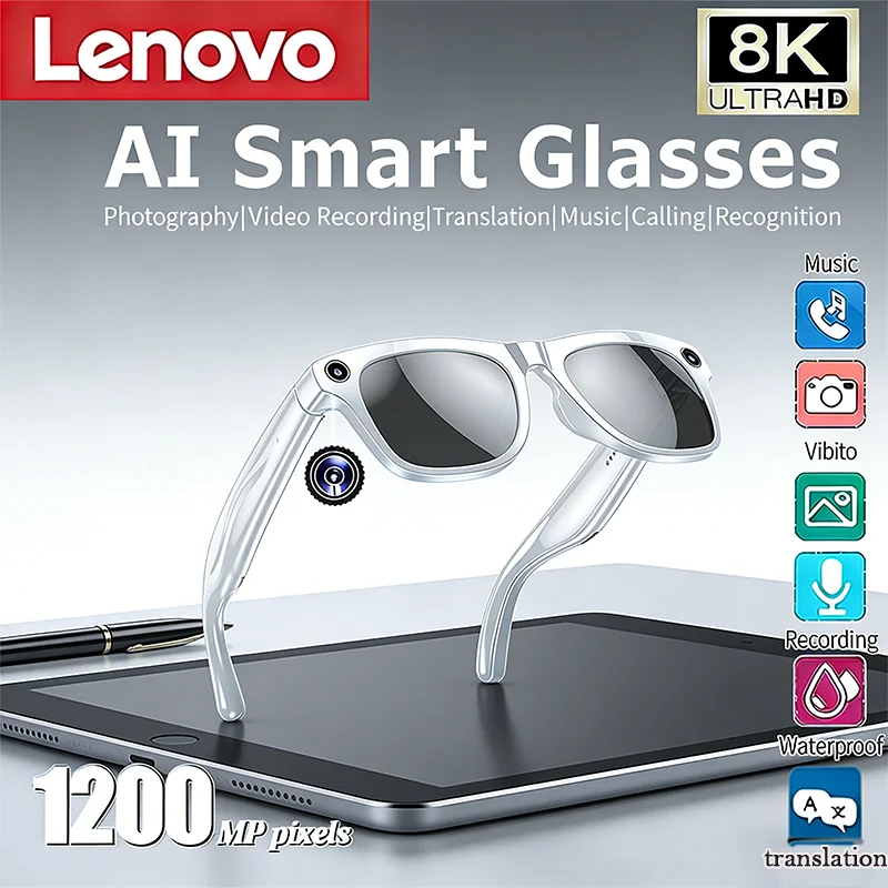 Умные очки Lenovo 2026 с ИИ, 8K HD-камерой 1200 МП, спортивные солнцезащитные очки, голосовой помощник Chat GPT, Bluetooth-звонки, музыкальный плеер