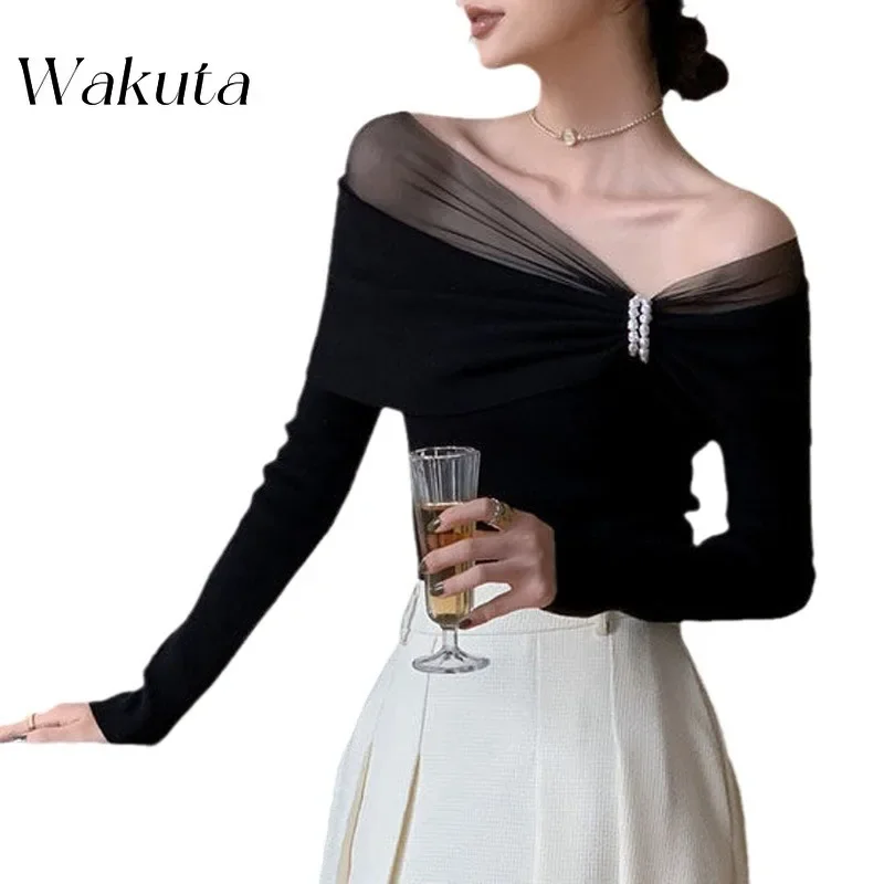 WAKUTA French Splicing Slash Neck Mesh Base Knitted Pullovers 2024 Autumn and Winter New Long Sleeved Pearl High-end Sweater