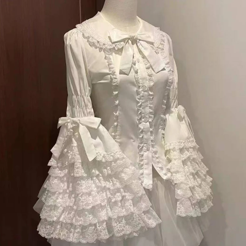 Japanische Süße Nette Lolita Flare Hülse Bogen Shirts Frauen Y2k Ästhetische Spitze Patchwork Bluse Kawaii Mädchen Lose Blusas Mujer Tops