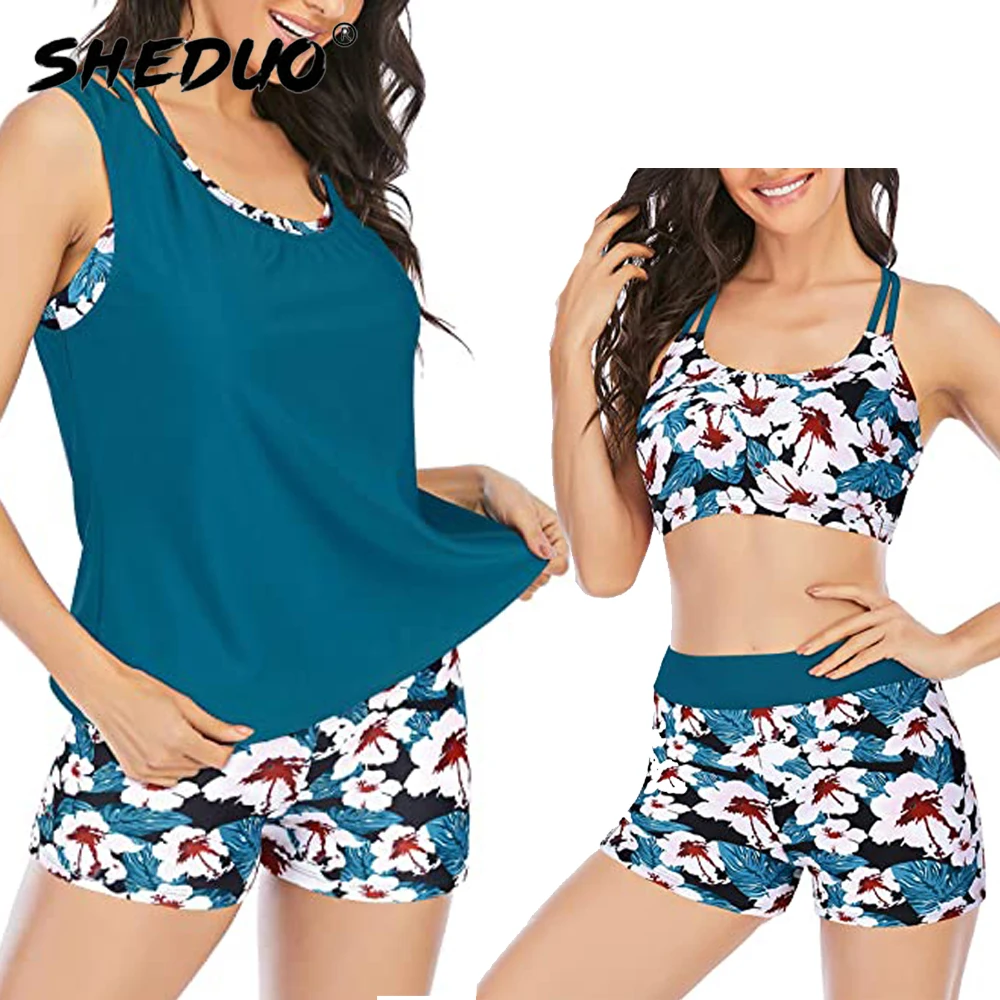 3 Stuk Badpakken Voor Vrouwen Atletische Tankini Tiener Badpak Tummy Controle Badmode Bescheiden Bodysuit Met Jongen Shorts Xltop Dragen