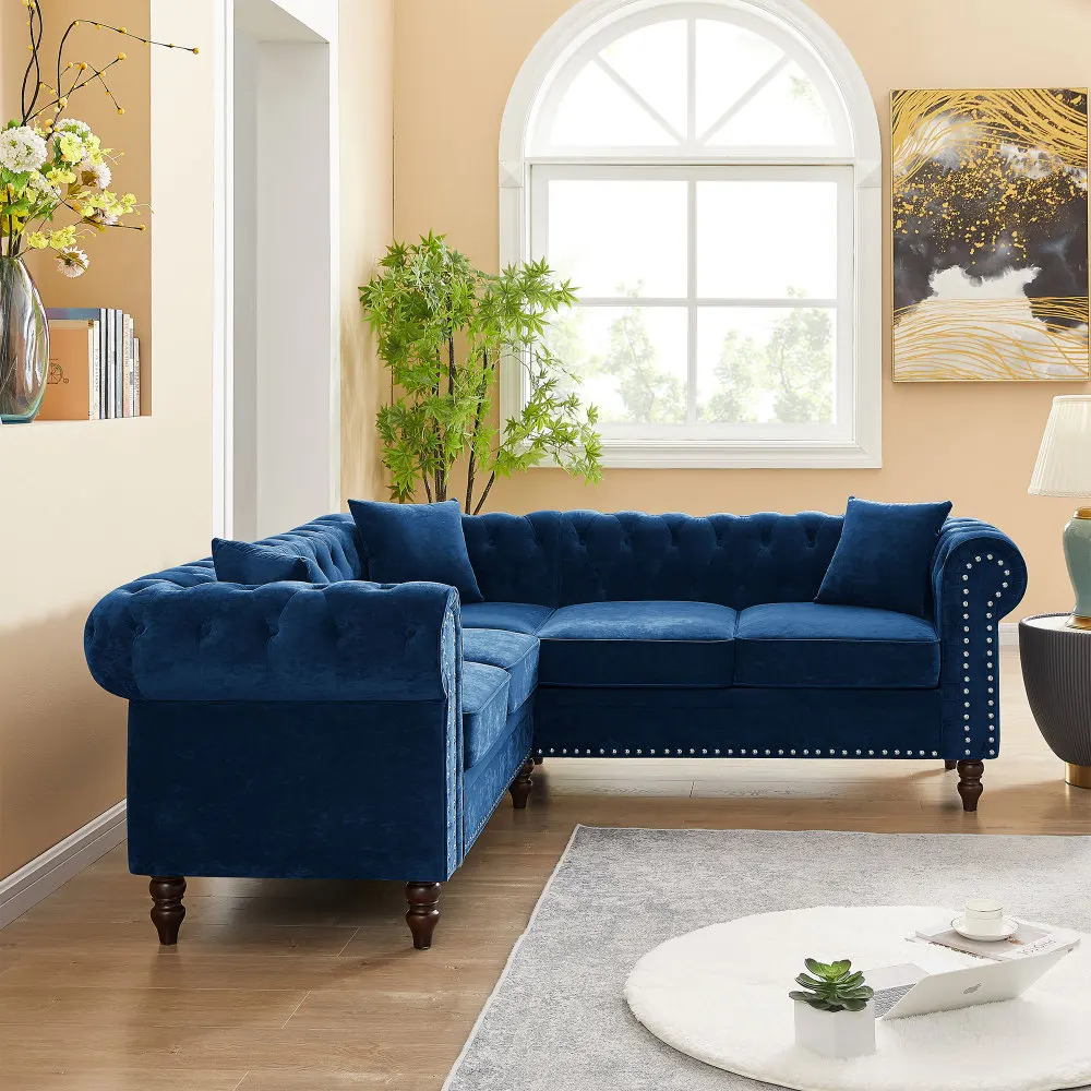 Deep Button Tufted Upholstered Roll Arm Luxury Chesterfield L Shaped Sofa with 3 Pillows Solid Wood Gourd Legs Blue Velvet