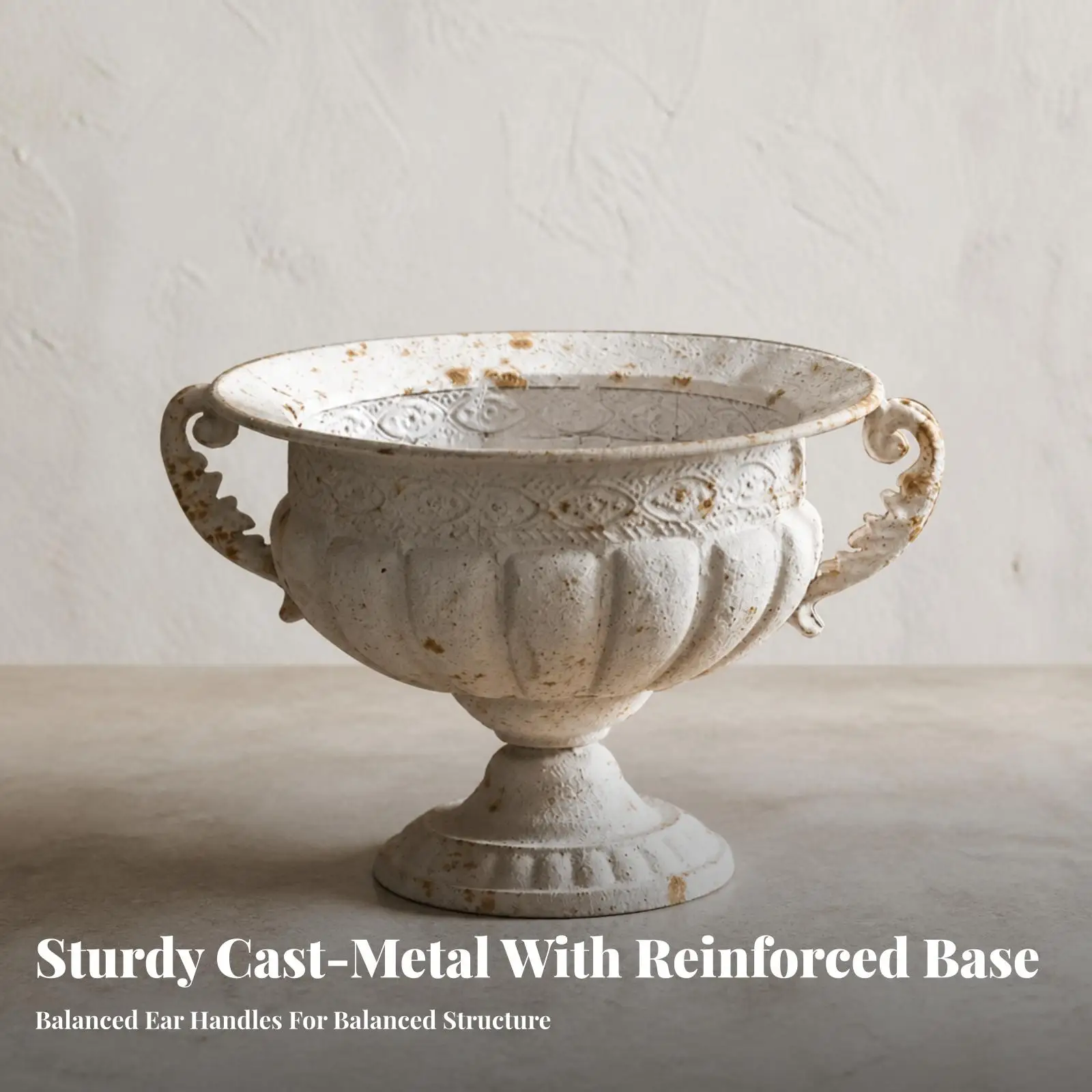 Large Decorative Urn Vase White Metal Pedestal Planter with Embossed Bands for Seasonal Decor Entryway Table Styling