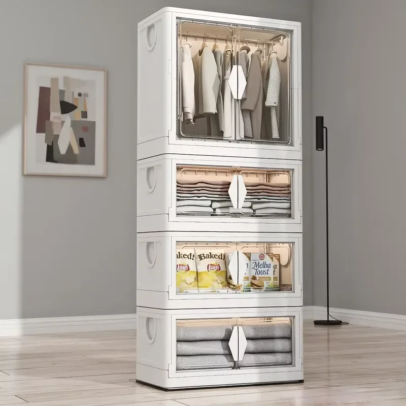 70CM 4 Layers Transparent Folding Wardrobe Clothes Organizer Portable Durable Plastic Drawer Cabinets with Wheel for Bedroom