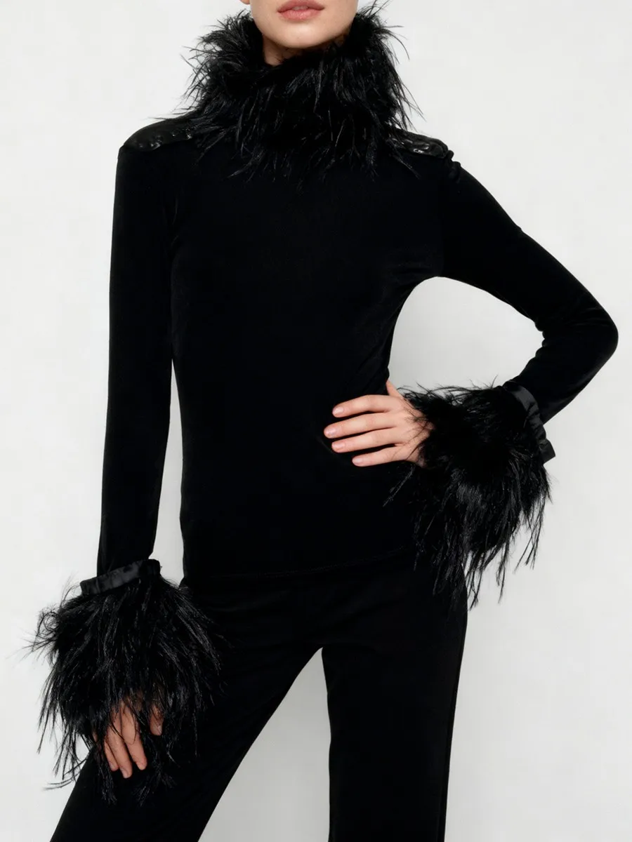 TWOTWINSTYLE Solid Slimming Spliced Feather Fashion T Shirts for Women High Neck Long Sleeves Elegant T Shirt Female Autumn New