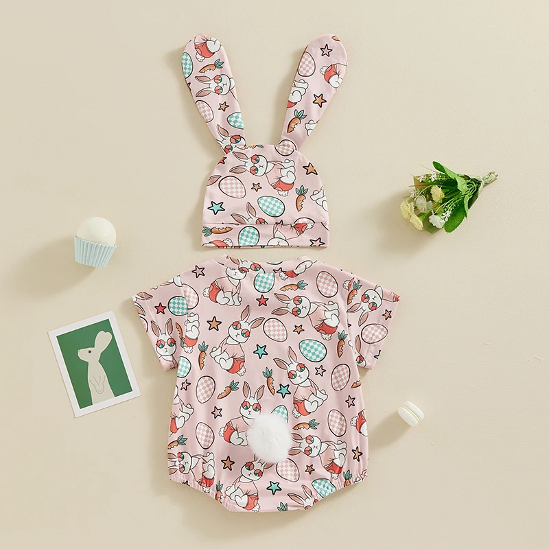 

Baby Girls Boys Easter Romper Short Sleeve Crew Neck Carrot Bunny Egg Print Casual Romper with Hat
