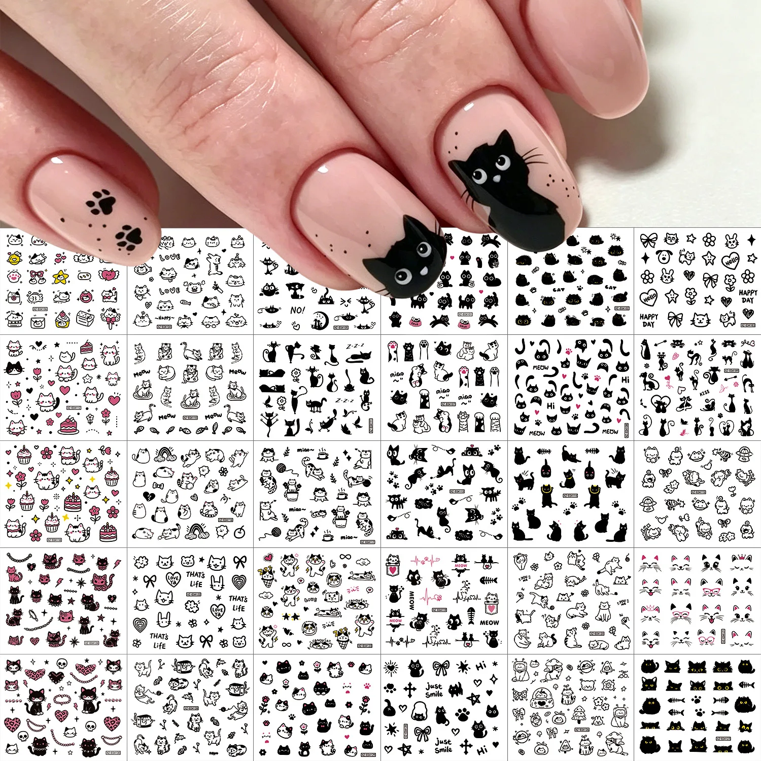 Cute Hand-Drawn Cat Sticker Set – Black White Cartoon Kitten Decals for DIY Nail Art, Phone Case, Journal & Craft