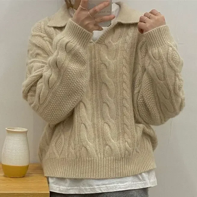 Women Full Sleeve Solid Sweaters Casual Thick Tops Polo Neck Knitted Pullovers Simple Loose Regular Splice Autumn Winter 2023