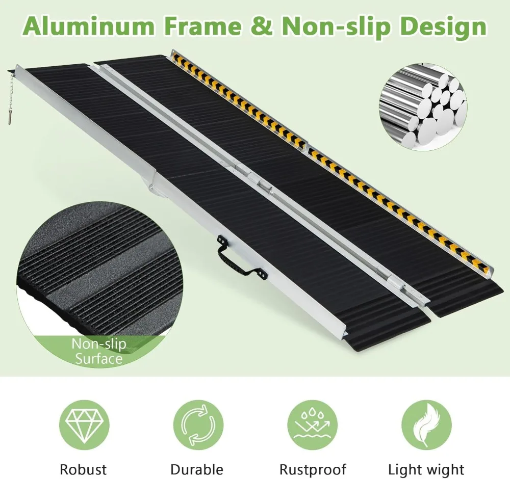 Portable Wheelchair Ramp 6 FT,Folding Handicap Ramp w/Transition Plate & Non-Slip Surface, Reflective Warning Stickers