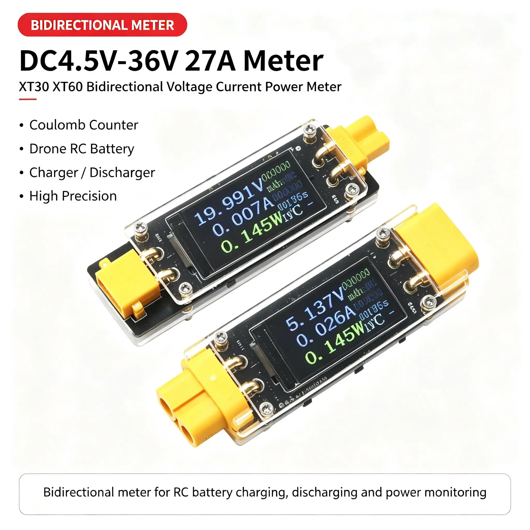 DYKB DC4.5V-36V 27A XT30 XT60 Bidirectional Voltage Current Power Meter Coulomb Counter FOR Drones RC Battery Charger Discharger