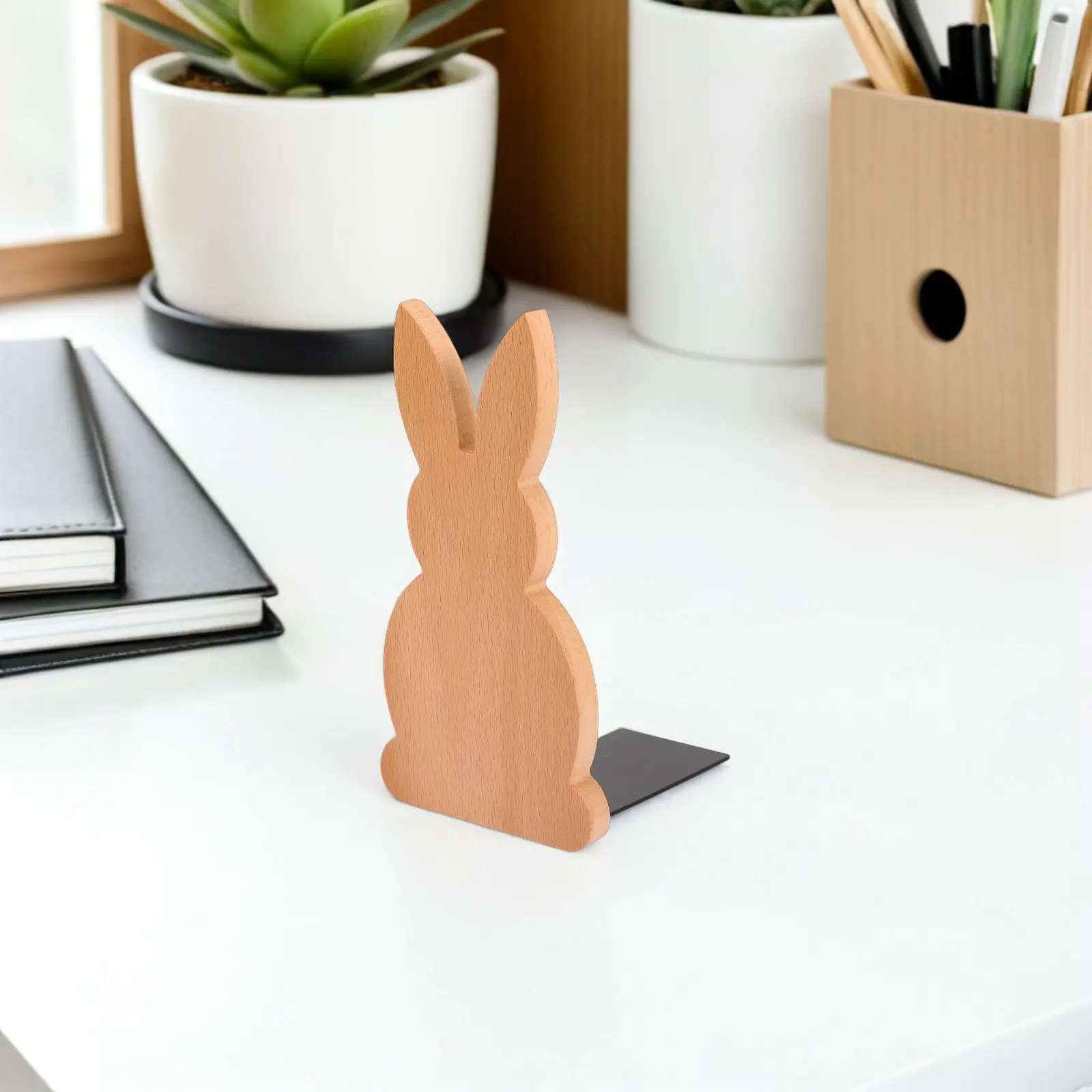 2Pcs Wooden Rabbit Bookends Creative Desktop Book Holder Multipurpose Bookshelf Organizer for Home Office Study Desk Decor