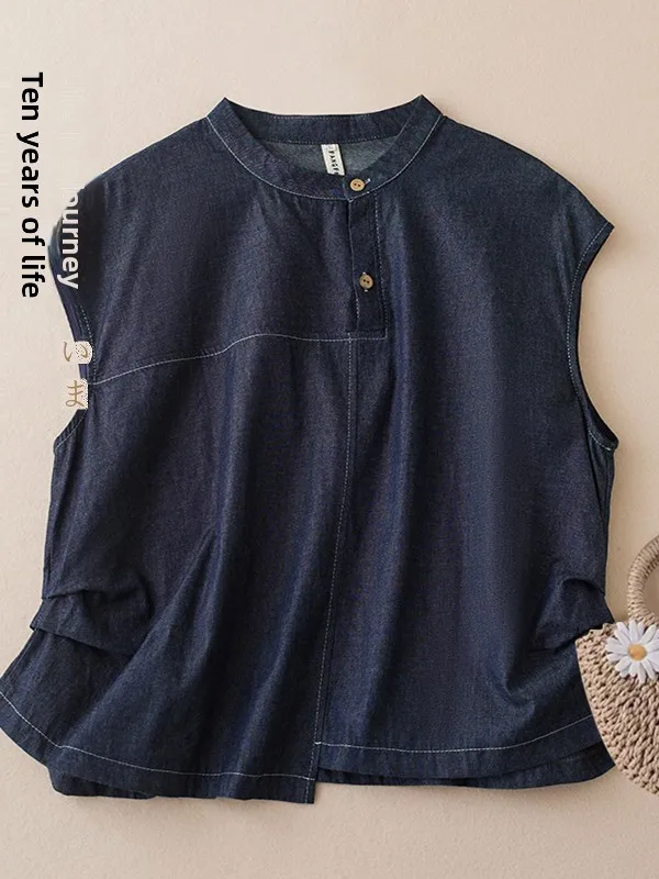 

Retro Salt Fried Jeans irt Women's Faion Pleated Slim Loose Overhead Top Comfortable Breathable Casual Vintage Sle