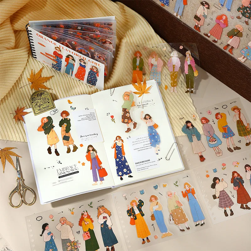 

Spiral PET Die Cut Sticker Book Orange Flavor Series 50pcs Character Stickers for Hand