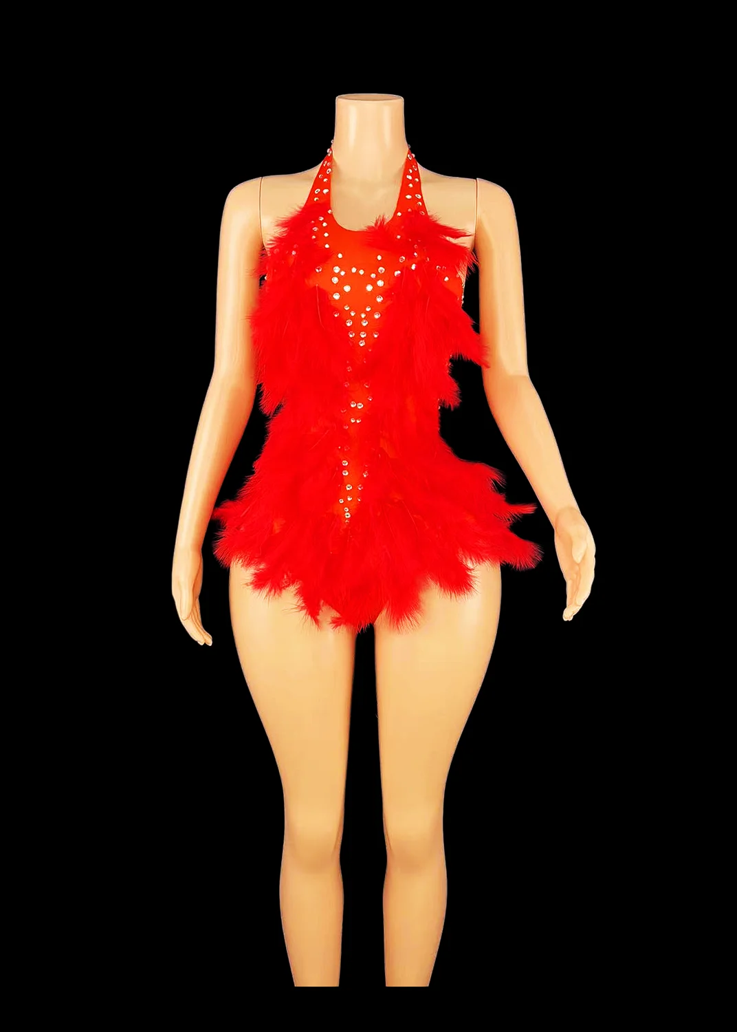 

Gold Bodysuits Dance Drag Queen Outfit WomenRhinestone Leotard With Feather Backless StageWear E001