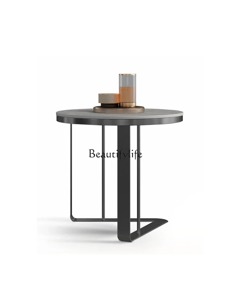 

FG11Italian minimalist rock slab sofa edge few stainless steel round coffee table light luxury modern small apartment