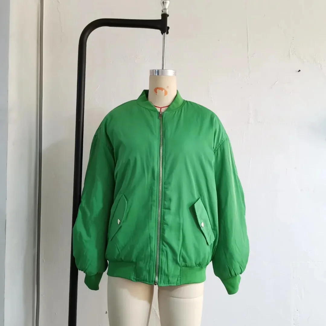 European and American Winter Casual Pure Color Loose Zipper Cotton Flight Long Sleeved Jacket Baseball Coat for Men and Women