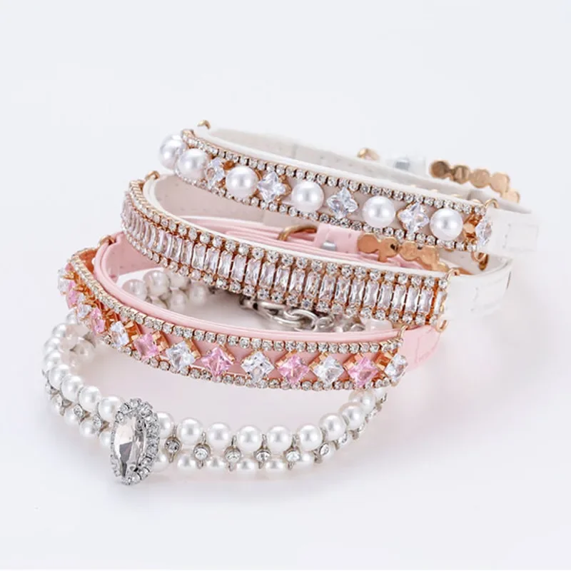 Collar de perlas con diamantes de imitación de cristal para perro y gato, correa ajustable de cuero PU para el cuello, accesorios para perros
