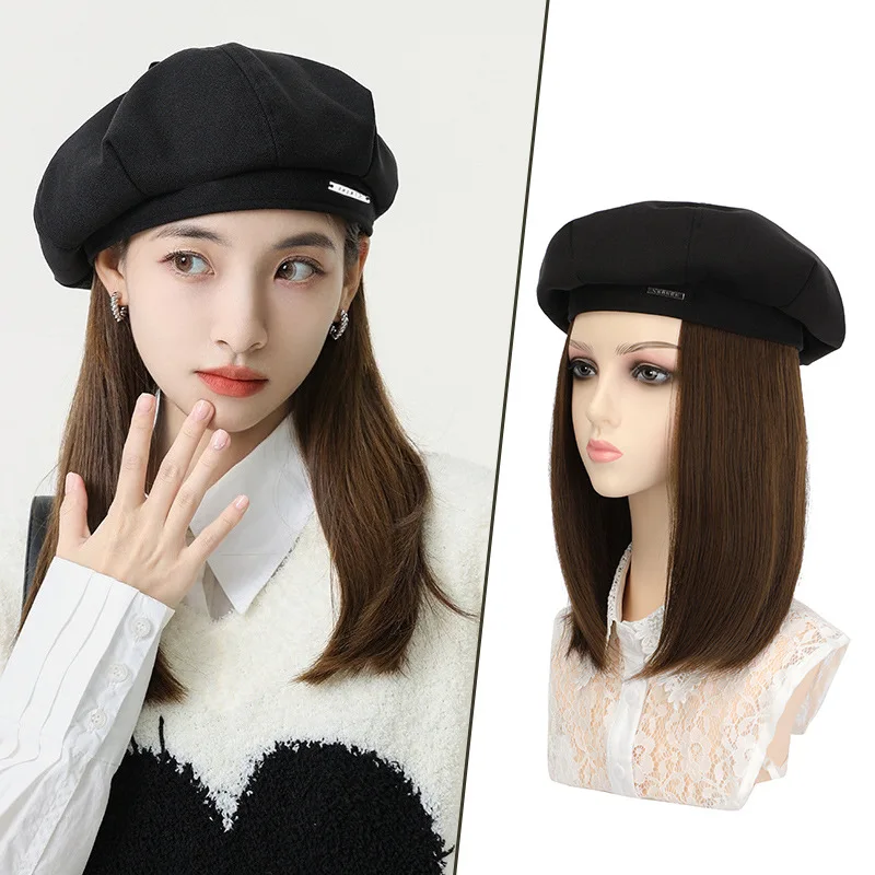 

Shangzi Hat Wig 19.5 Inch Straight Short Synthetic Bobo Wigs Hat with Hair Natural Balck French Wool Artist Attached