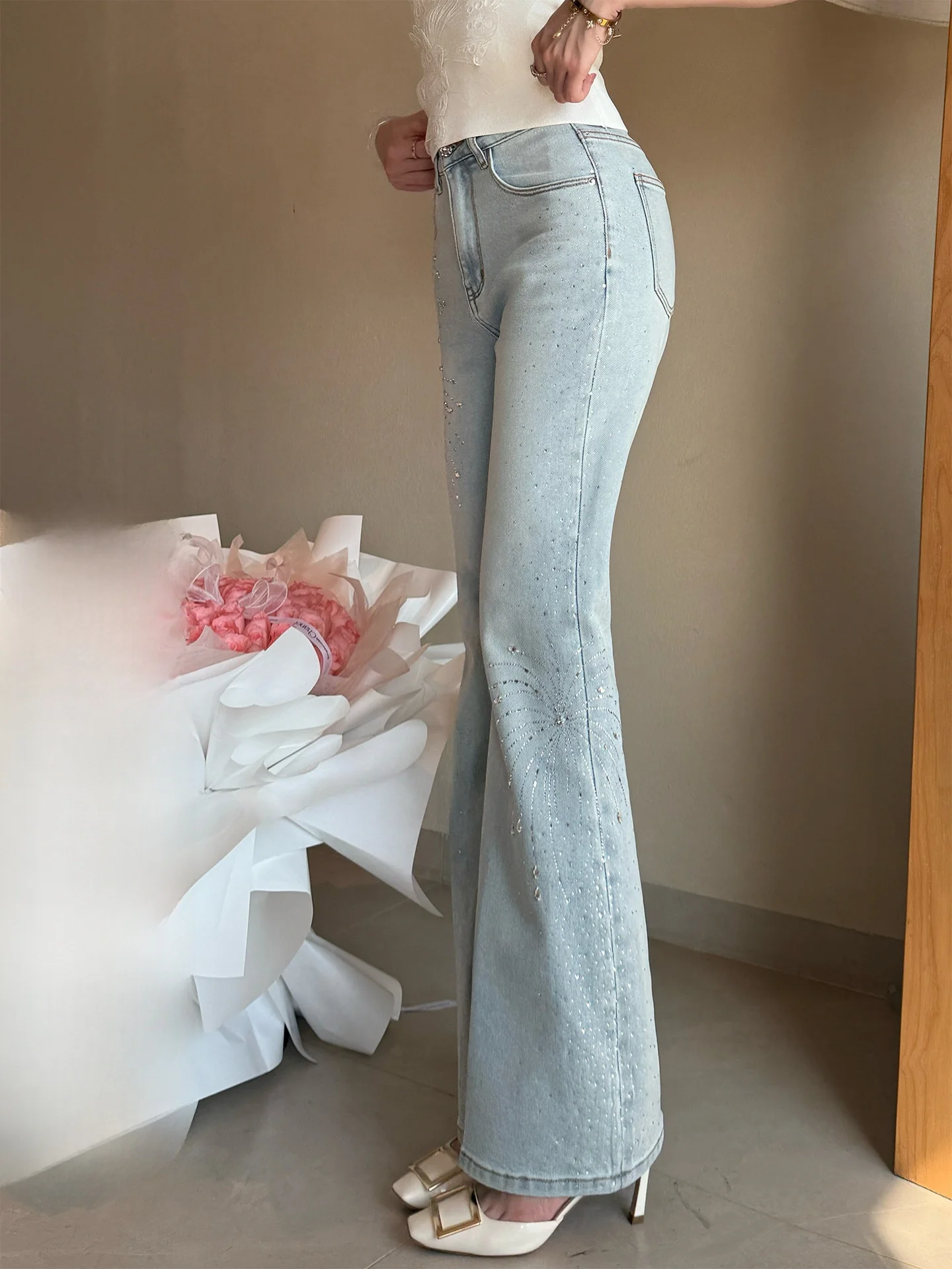 

Heavy Industry Sparkling Diamond Women's Jeans Flared Legs Casual Cotton Spring Summer Faionable All-Match Denim Pants
