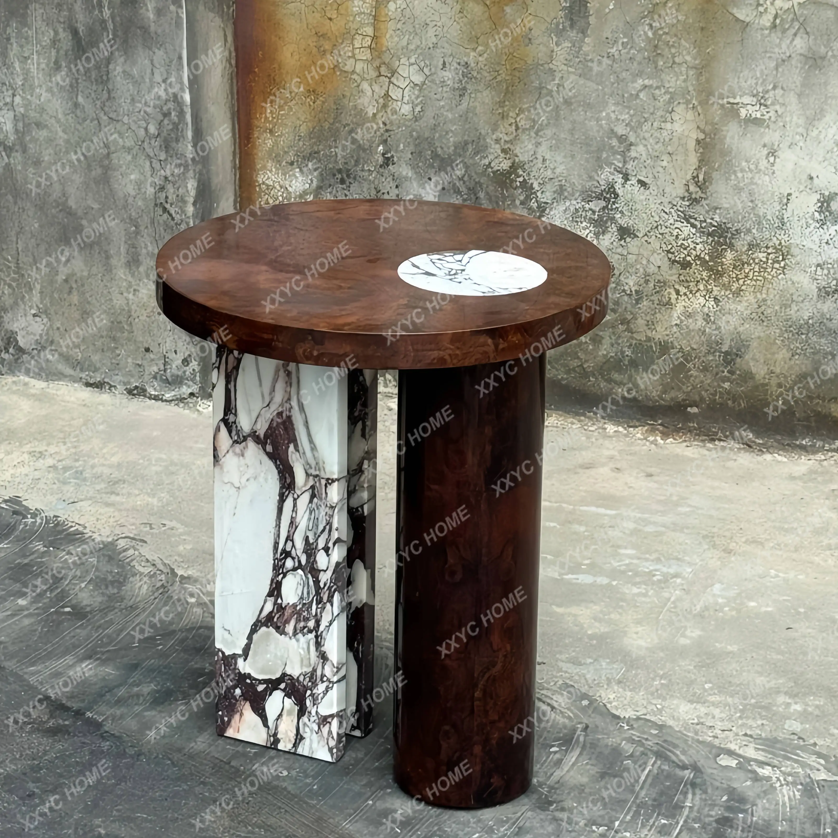 Vintage Style Solid Wood Round Side Table Model Living Room Home Marble Corner Table Retro Wabi-Sabi Style