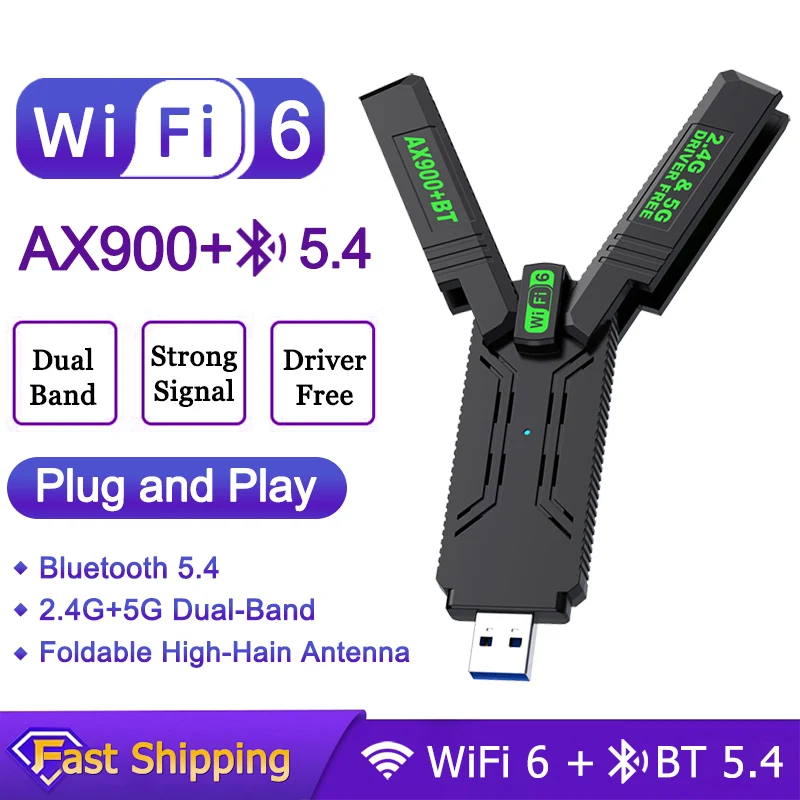 

WiFi 6 USB Adapter AX900 Dual Band 2.4G+5Ghz Wi-Fi Dongle USB High-Speed 4 Antenna Wireless Card Receiver For PC/Laptop Win10/11