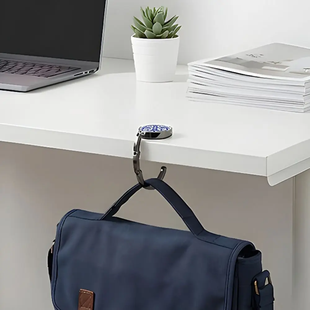 Blue-and-White Porcelain Pattern Table Handbag Hook Zinc Alloy Round Desktop Handbag Holder Non-slip Back Folding