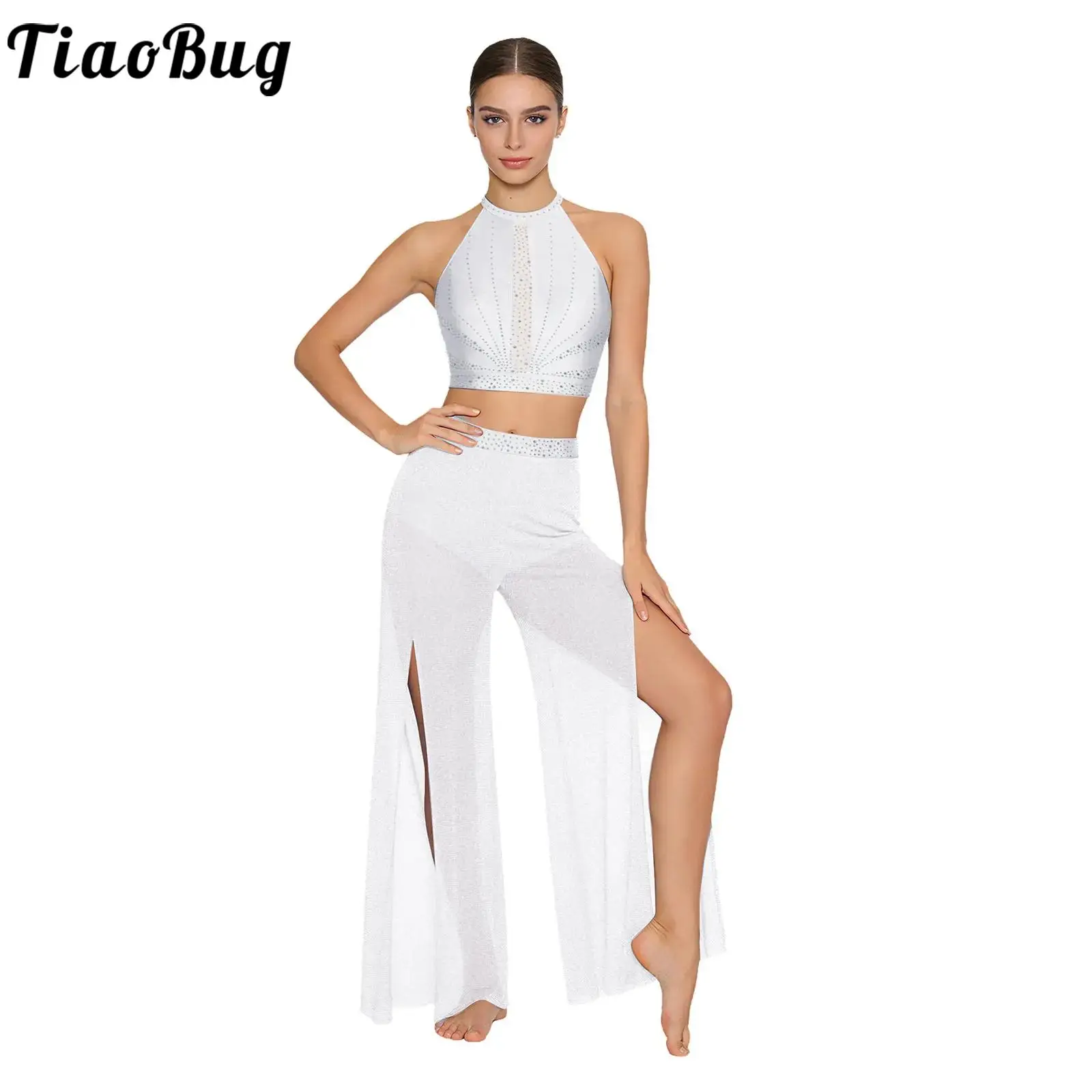 

Women Shimmery Gymnastic Ballet Figure Skating Dance Set Sleeveless Sequin Tank Top And Sheer Mesh Pants Outfit Modern Dancewear