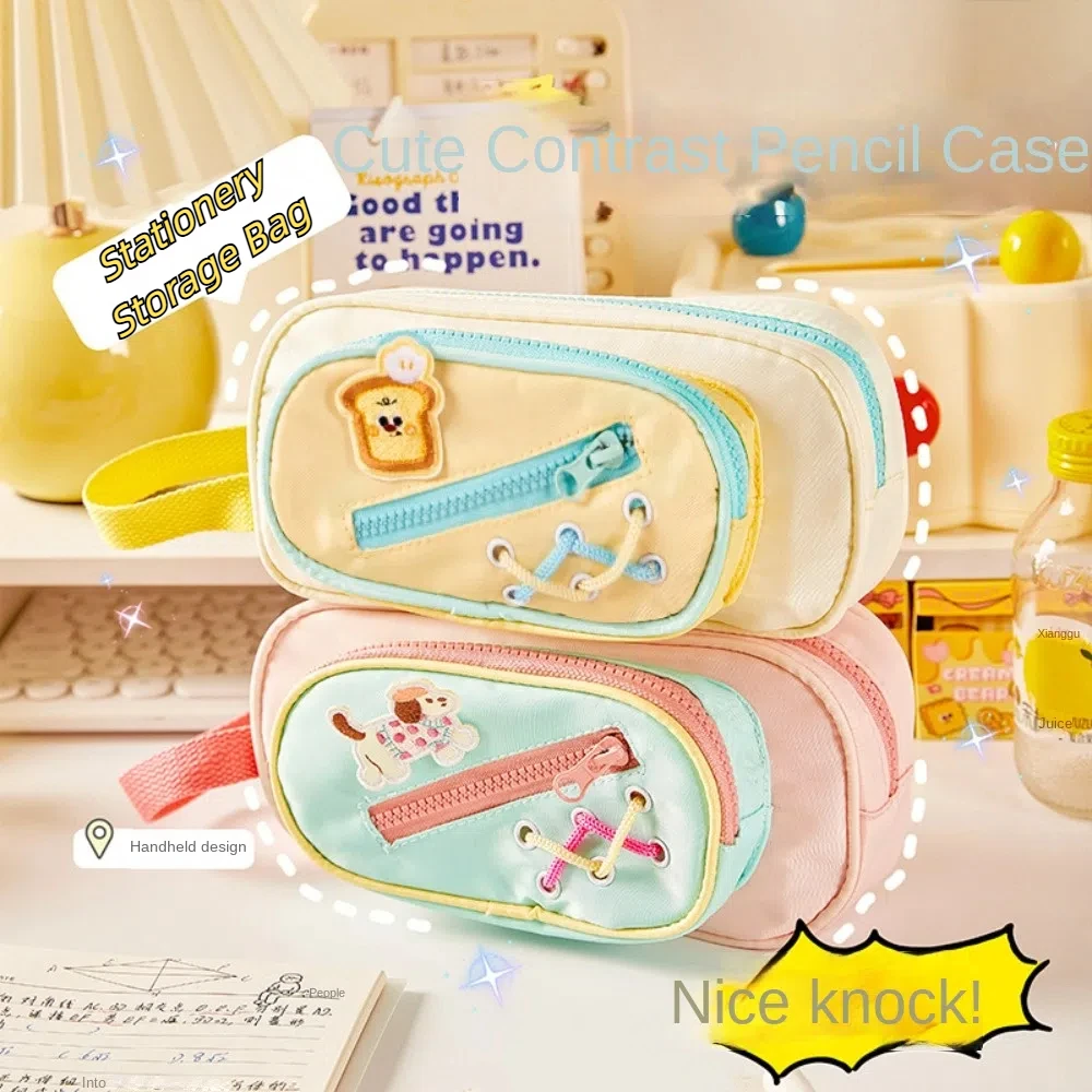 Piórnik 3-warstwowy z motywem kreskówkowym, chleb, biały szczeniak, estetyczny, duża pojemność, piórnik na zamek błyskawiczny, płócienna torba do przechowywania artykułów piśmiennych.