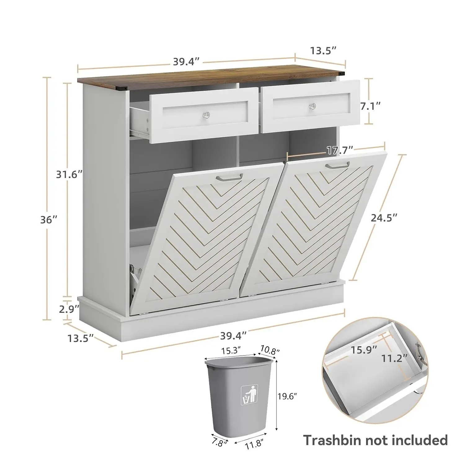 20 Gallon Tilt Out Trash Can Cabinet with Herringbone Design White, Customized