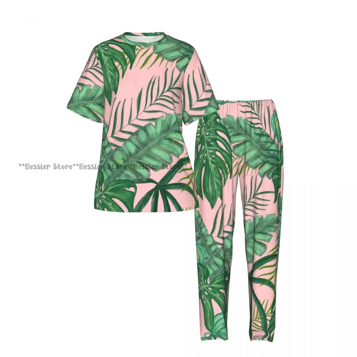Tropical Green Leaves Pajamas Set Short-sleeved Women Home Clothing